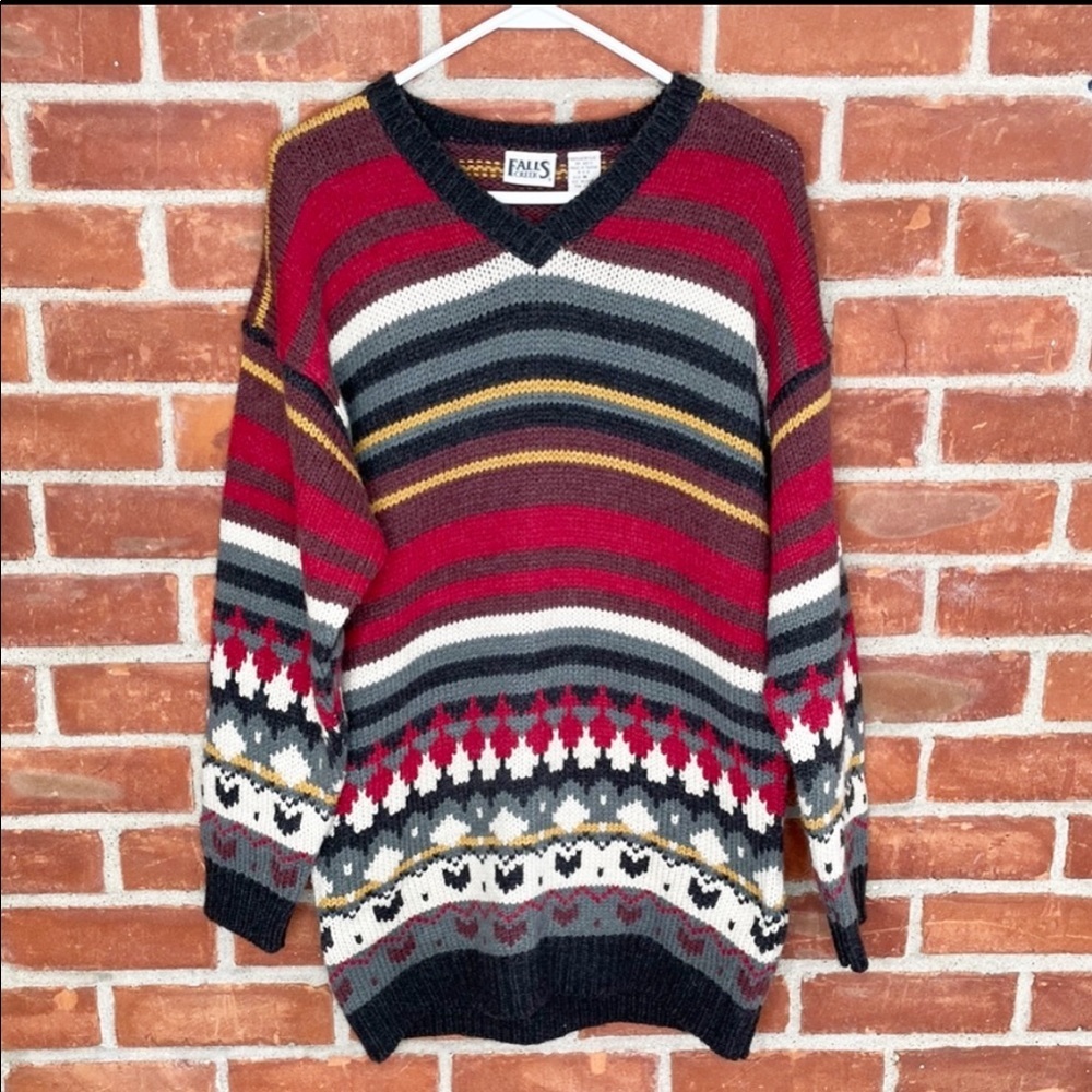Vintage 90s chunky knit oversized patterned print V-neck sweater - Picture 1 of 6